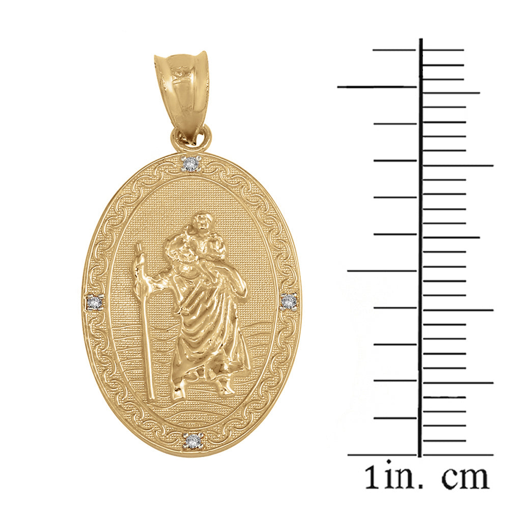 Two-Tone Gold Diamond Saint Christopher Engravable Filigree Oval Medallion Pendant Necklace (1.12"), view 3