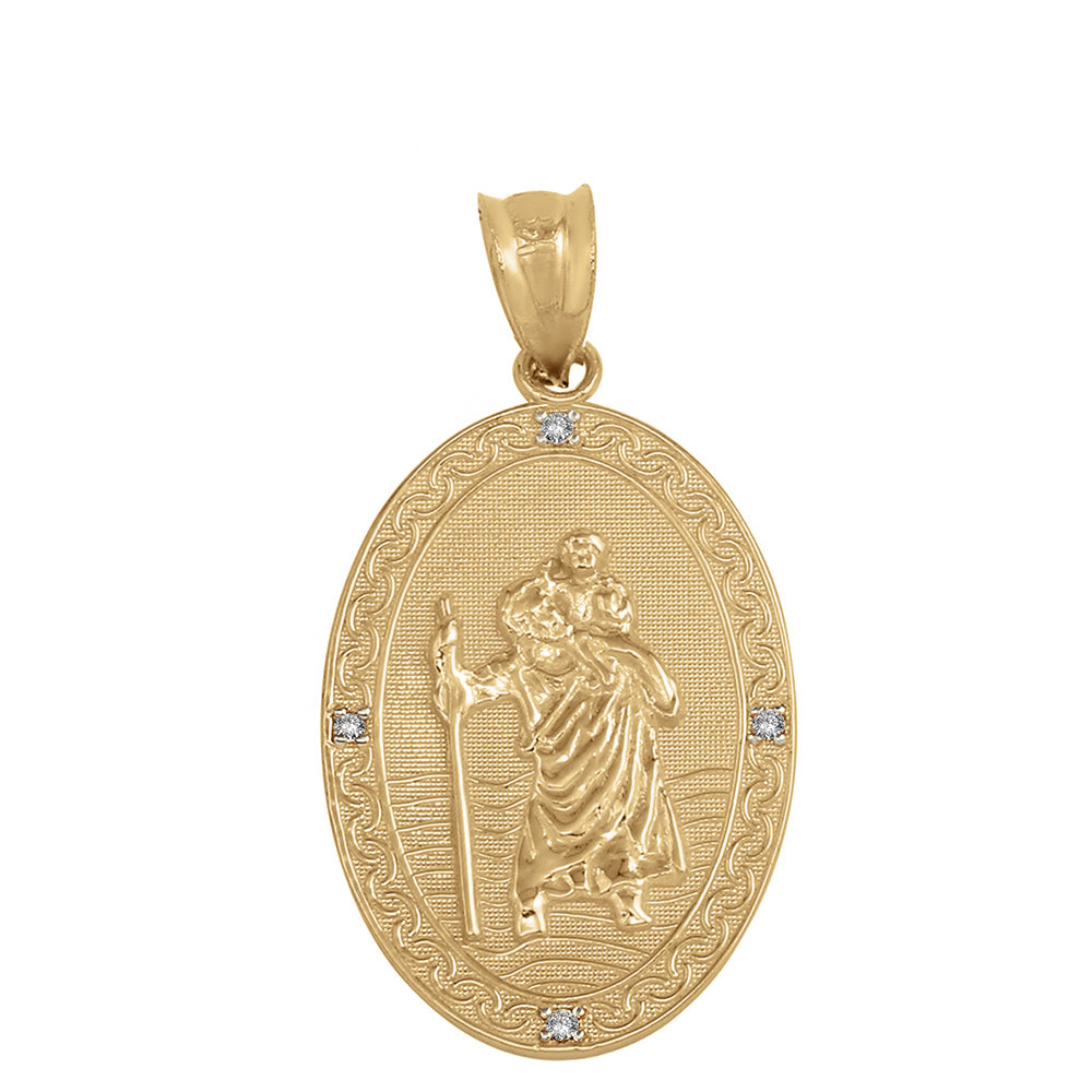 Two-Tone Gold Diamond Saint Christopher Engravable Filigree Oval Medallion Pendant Necklace (1.12"), view 4