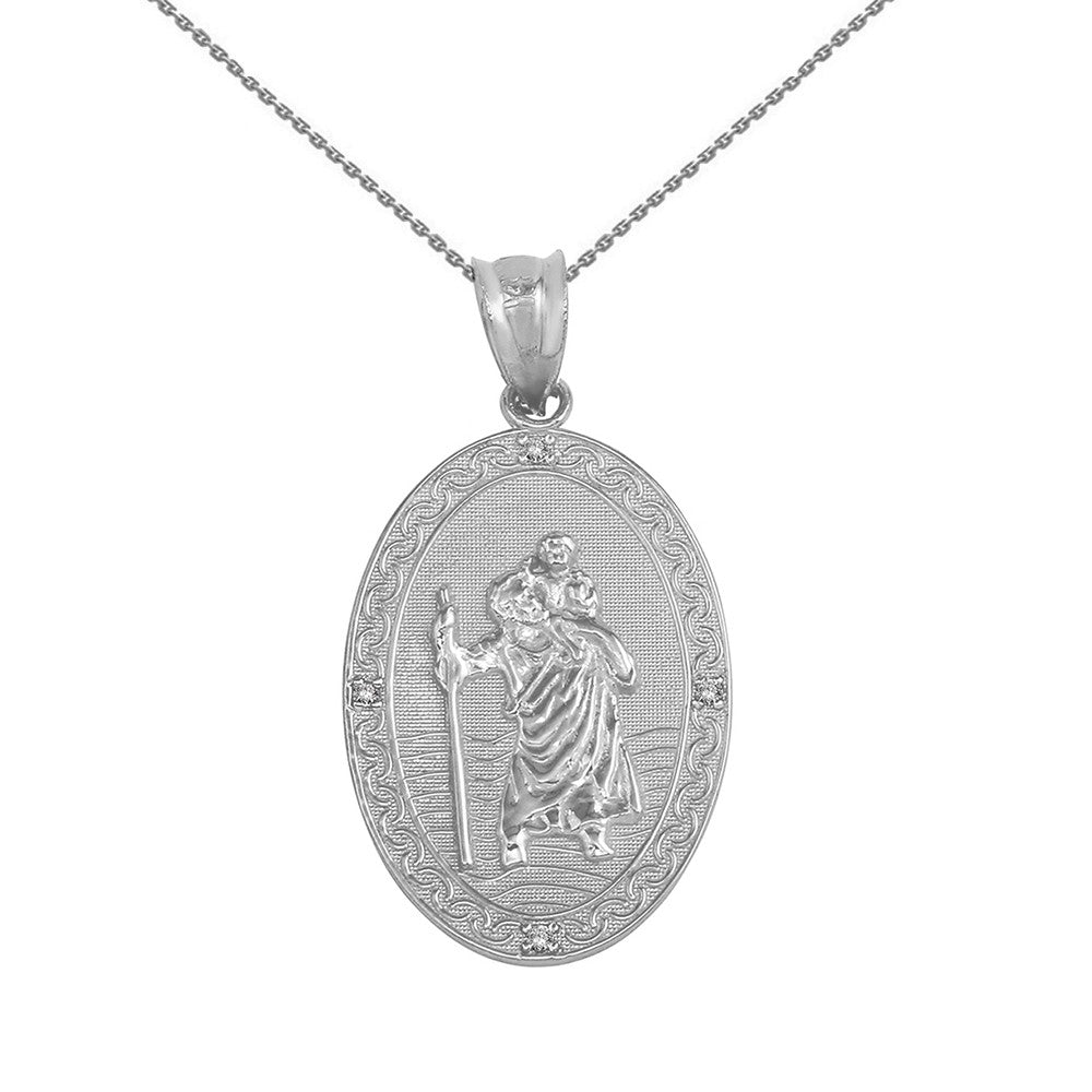 Two-Tone Gold Diamond Saint Christopher Engravable Filigree Oval Medallion Pendant Necklace (1.12"), view 5