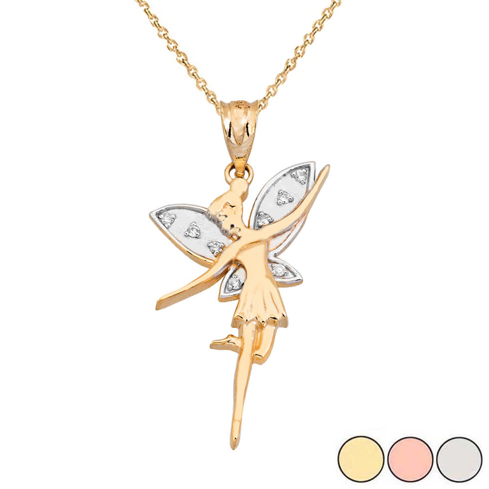 Two-Tone Gold Diamond Studded Angel Fairy Pendant Necklace