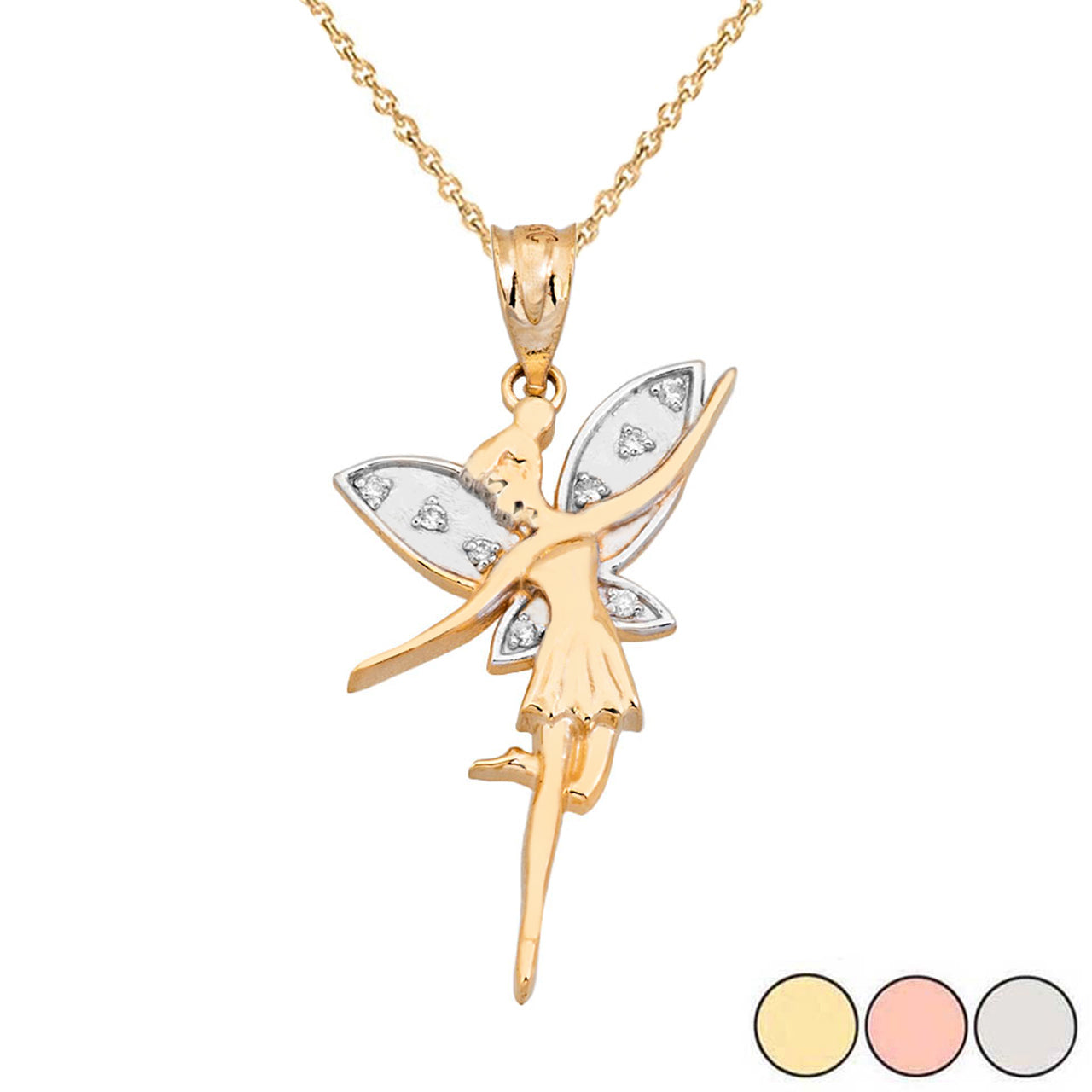 Two-Tone Gold Diamond Studded Angel Fairy Pendant Necklace