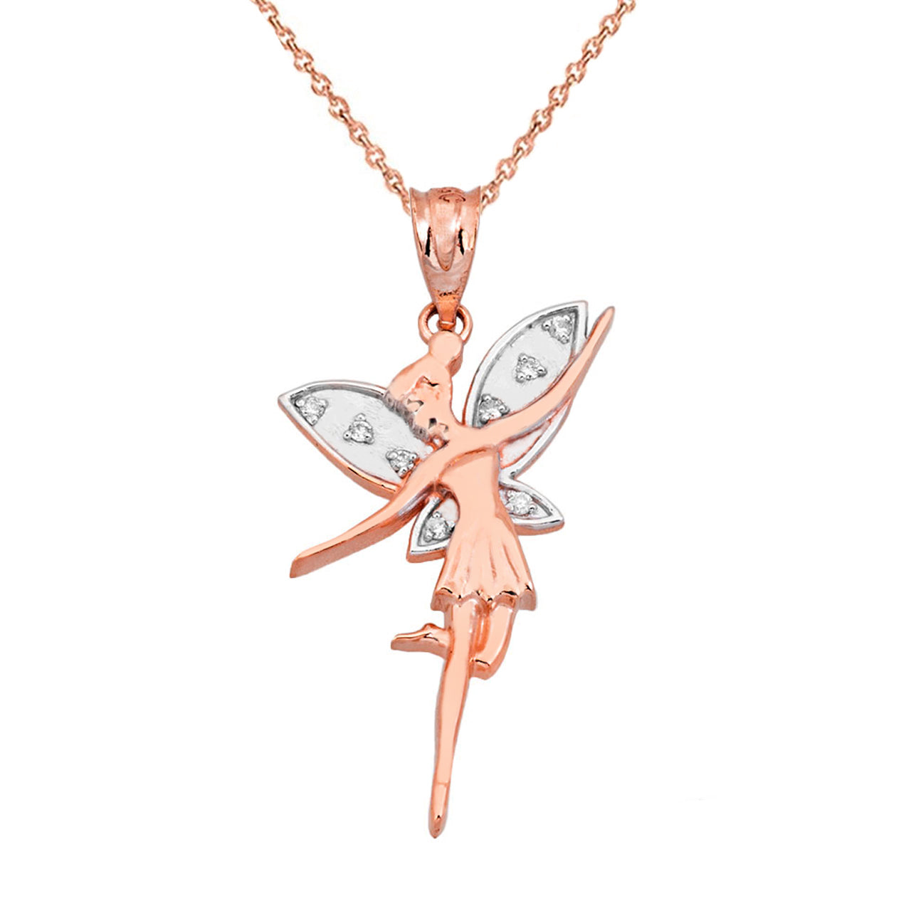 Two-Tone Gold Diamond Studded Angel Fairy Pendant Necklace, view 3