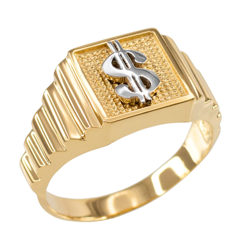 Two-Tone Gold Dollar Sign Money Textured Men's Signet Ring