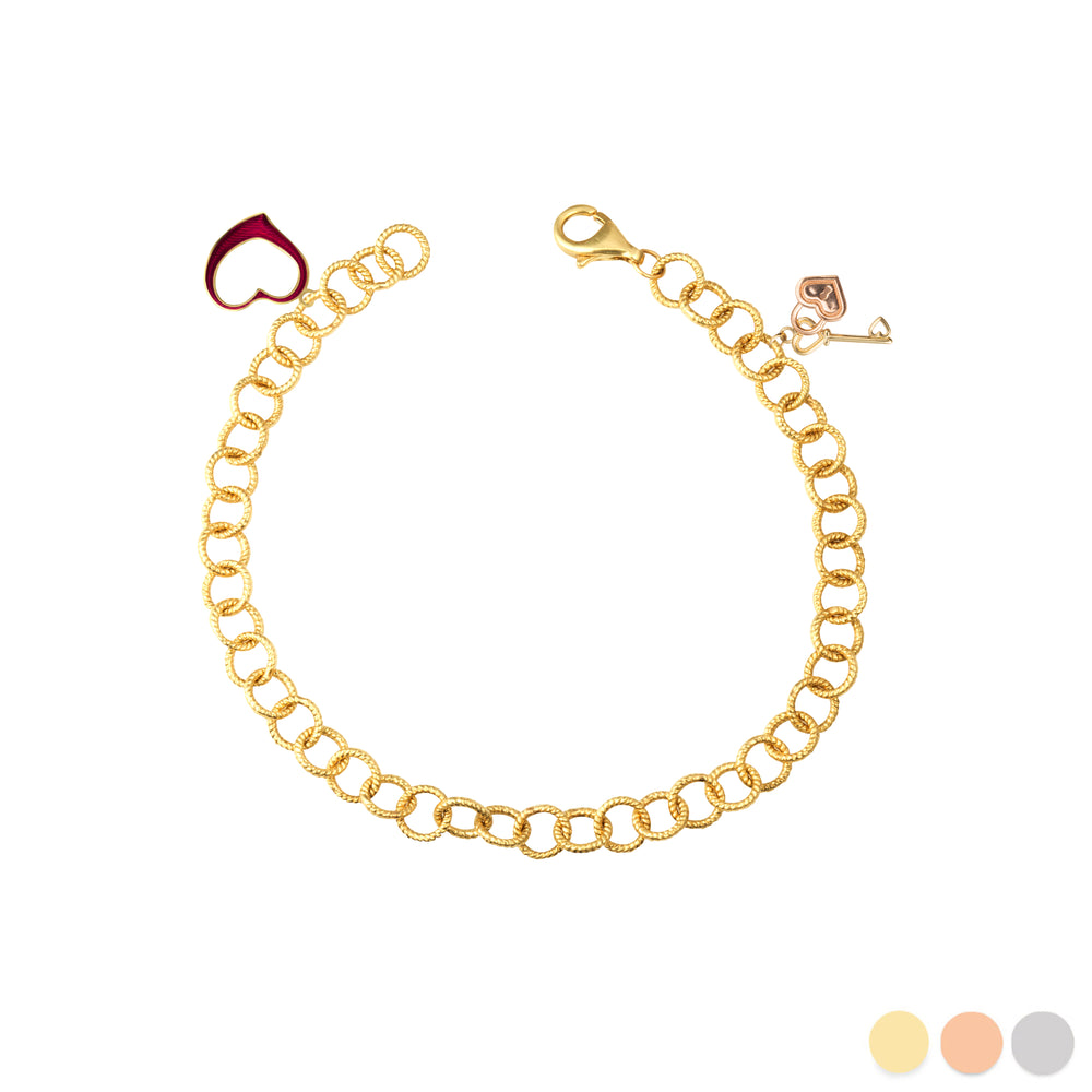 Two-Tone Gold Enamel Heart Lock & Key Charm Round Rope Chain Link Bracelet