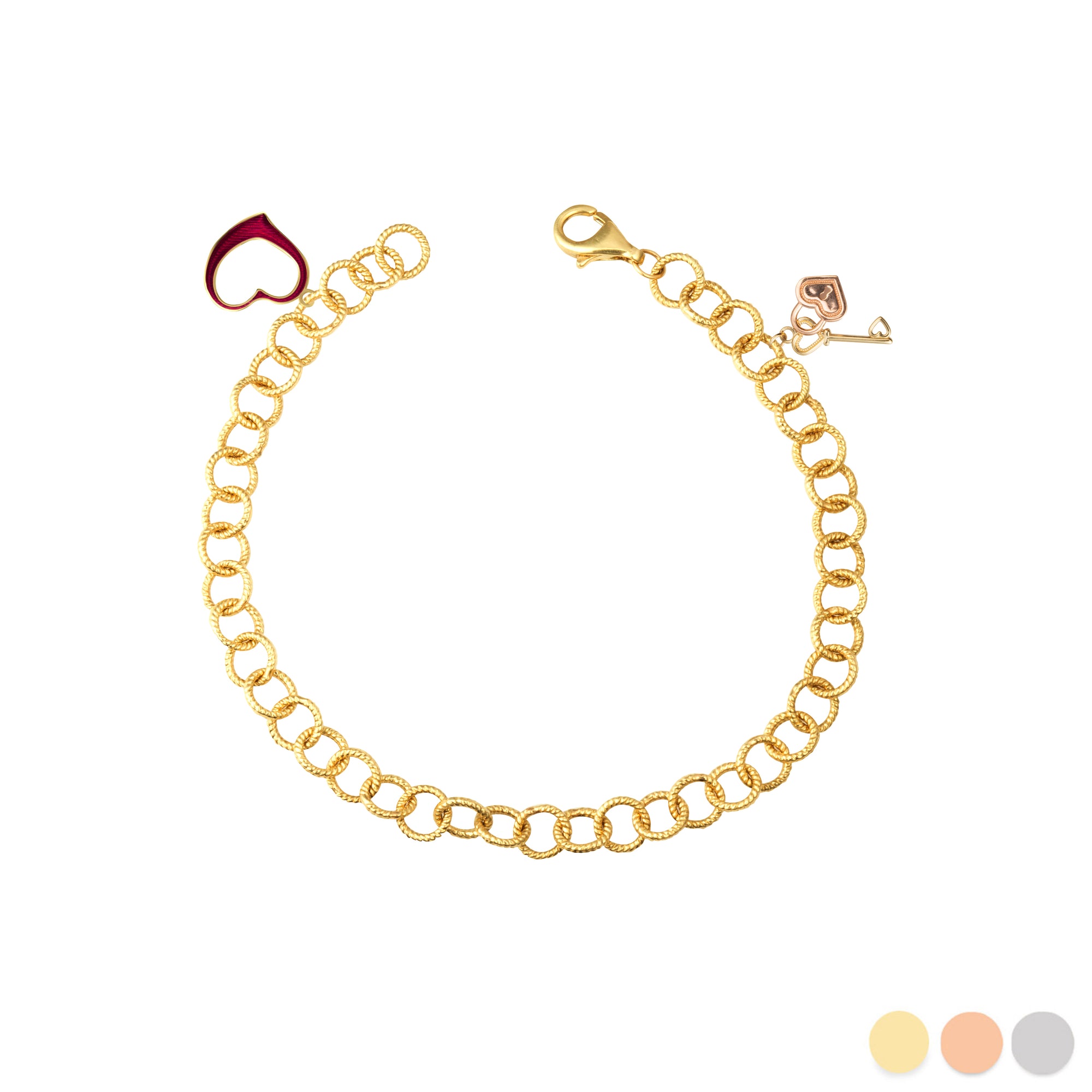 Two-Tone Gold Enamel Heart Lock & Key Charm Round Rope Chain Link Bracelet