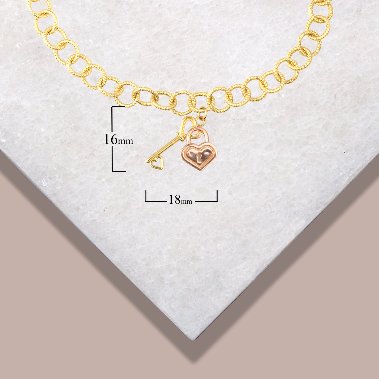 Two-Tone Gold Enamel Heart Lock & Key Charm Round Rope Chain Link Bracelet, view 4