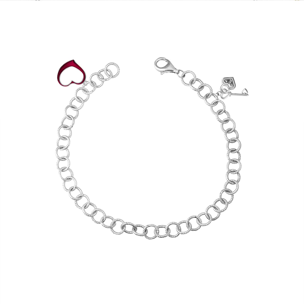 Two-Tone Gold Enamel Heart Lock & Key Charm Round Rope Chain Link Bracelet, view 6