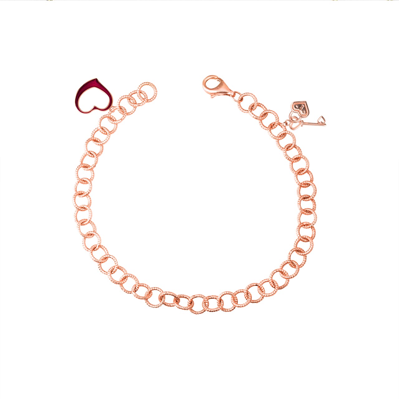 Two-Tone Gold Enamel Heart Lock & Key Charm Round Rope Chain Link Bracelet, view 7