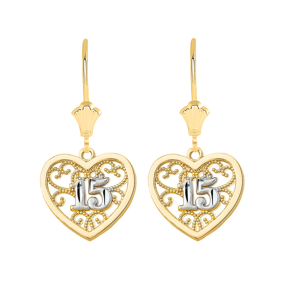 Two-Tone Gold Filigree Heart 15 Años Quinceañera Leverback Earrings