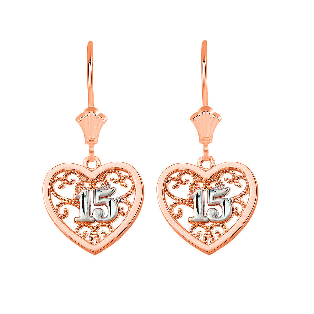 Two-Tone Gold Filigree Heart 15 Años Quinceañera Leverback Earrings, view 2