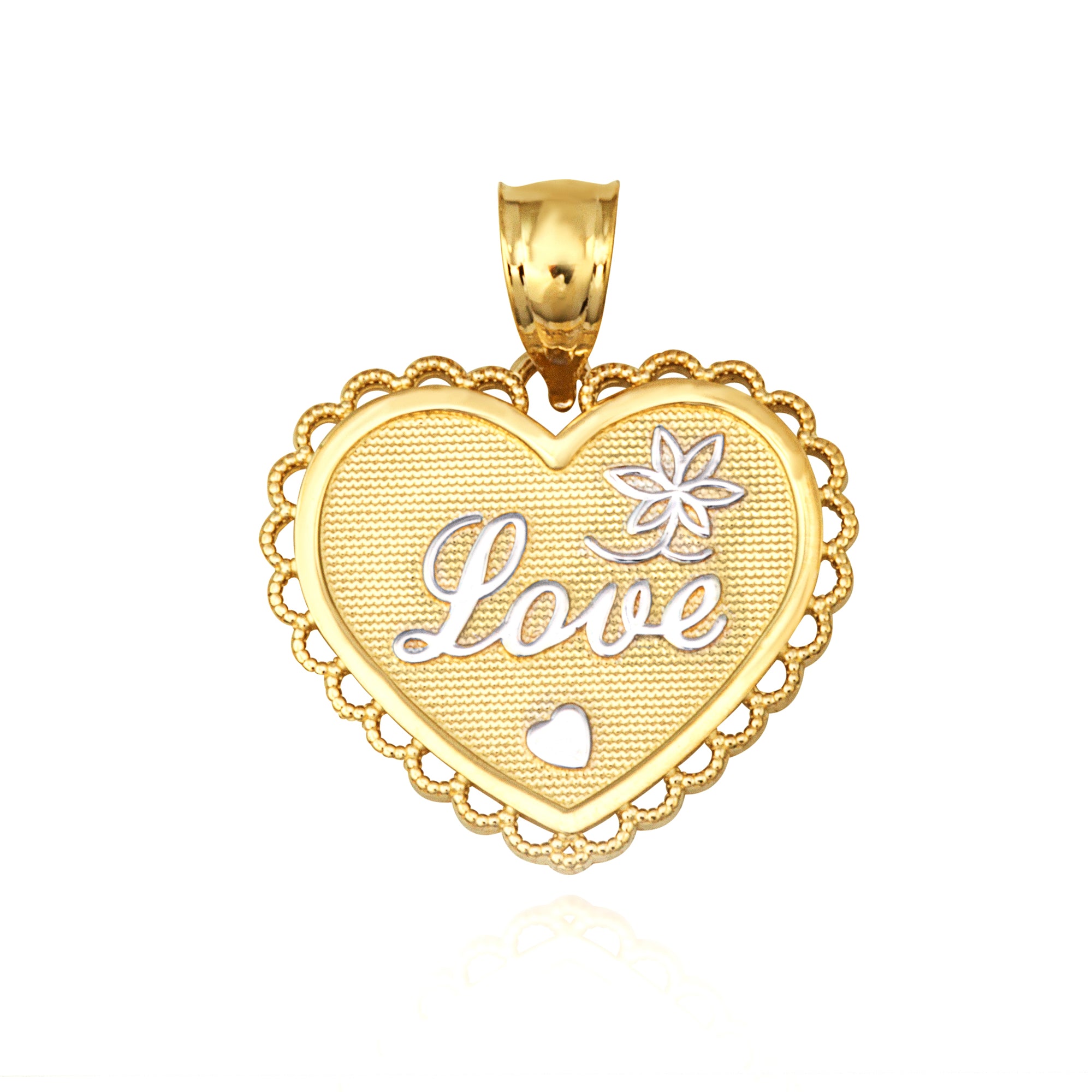 Two-Tone Gold Filigree Love Heart Flower Milgrain Pendant Necklace