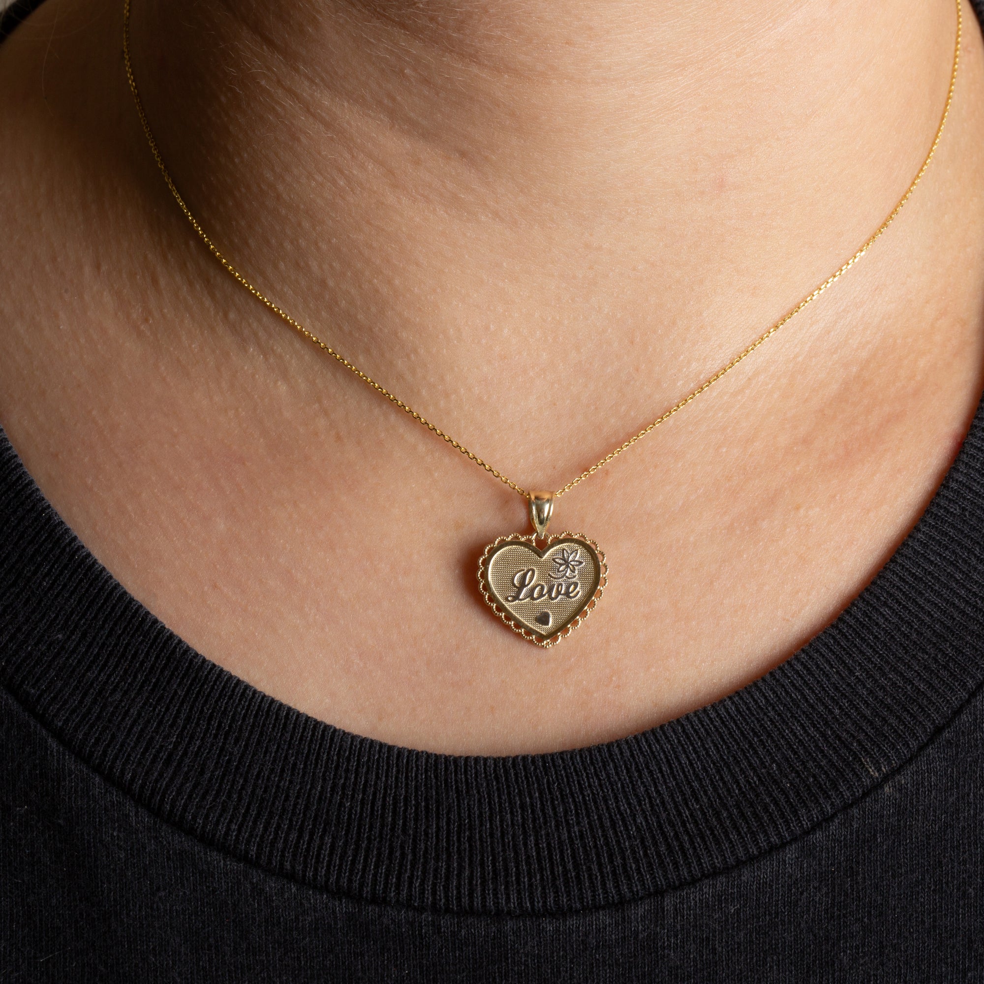 Two-Tone Gold Filigree Love Heart Flower Milgrain Pendant Necklace, view 2