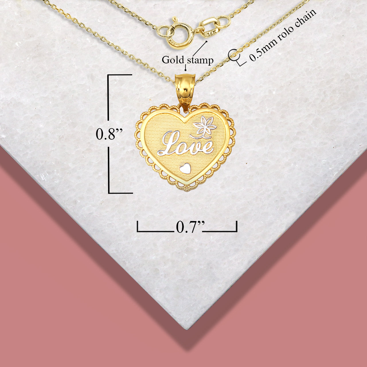 Two-Tone Gold Filigree Love Heart Flower Milgrain Pendant Necklace, view 3