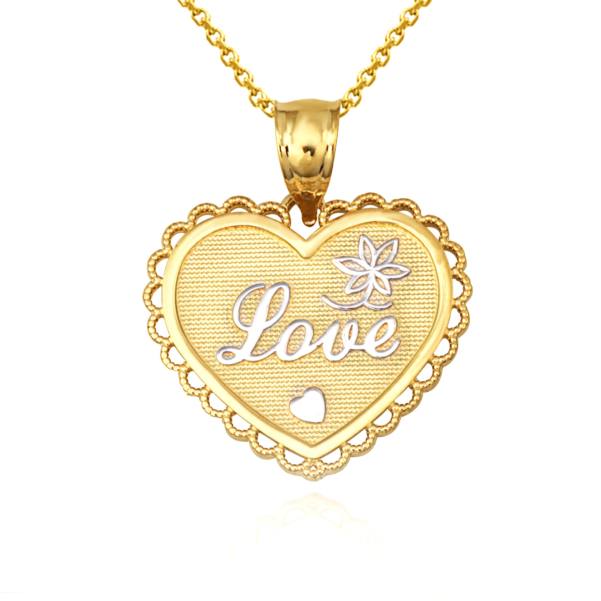 Two-Tone Gold Filigree Love Heart Flower Milgrain Pendant Necklace, view 4