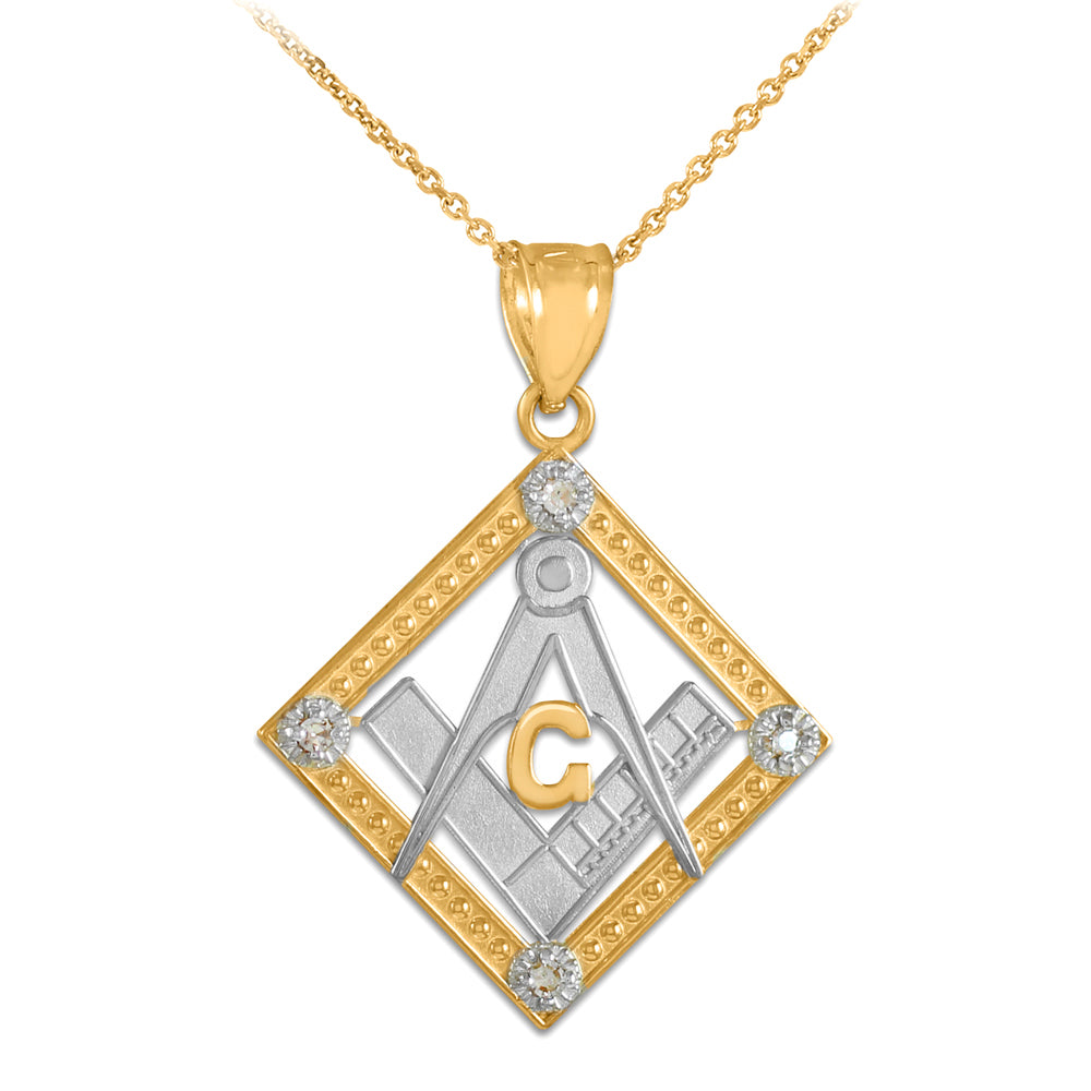 Two-Tone Gold Freemason Square & Compass Diamond Shaped Pendant Necklace