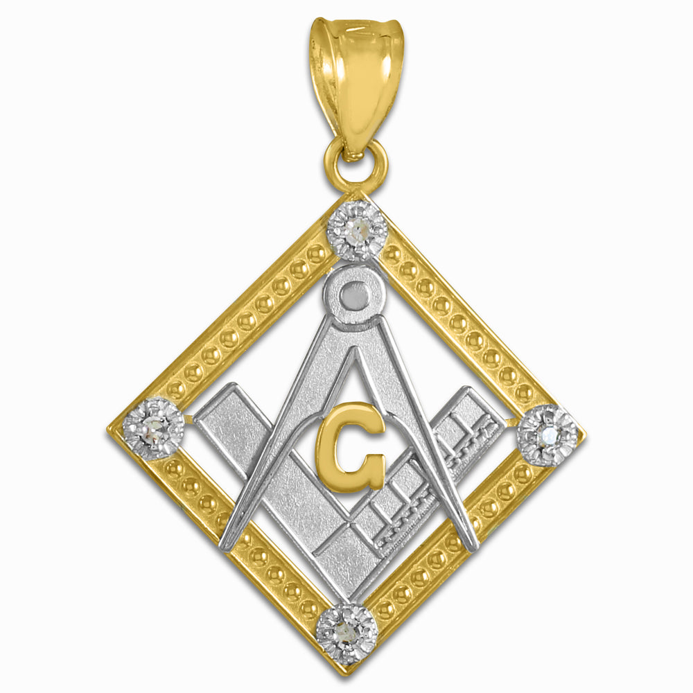 Two-Tone Gold Freemason Square & Compass Diamond Shaped Pendant Necklace, view 2