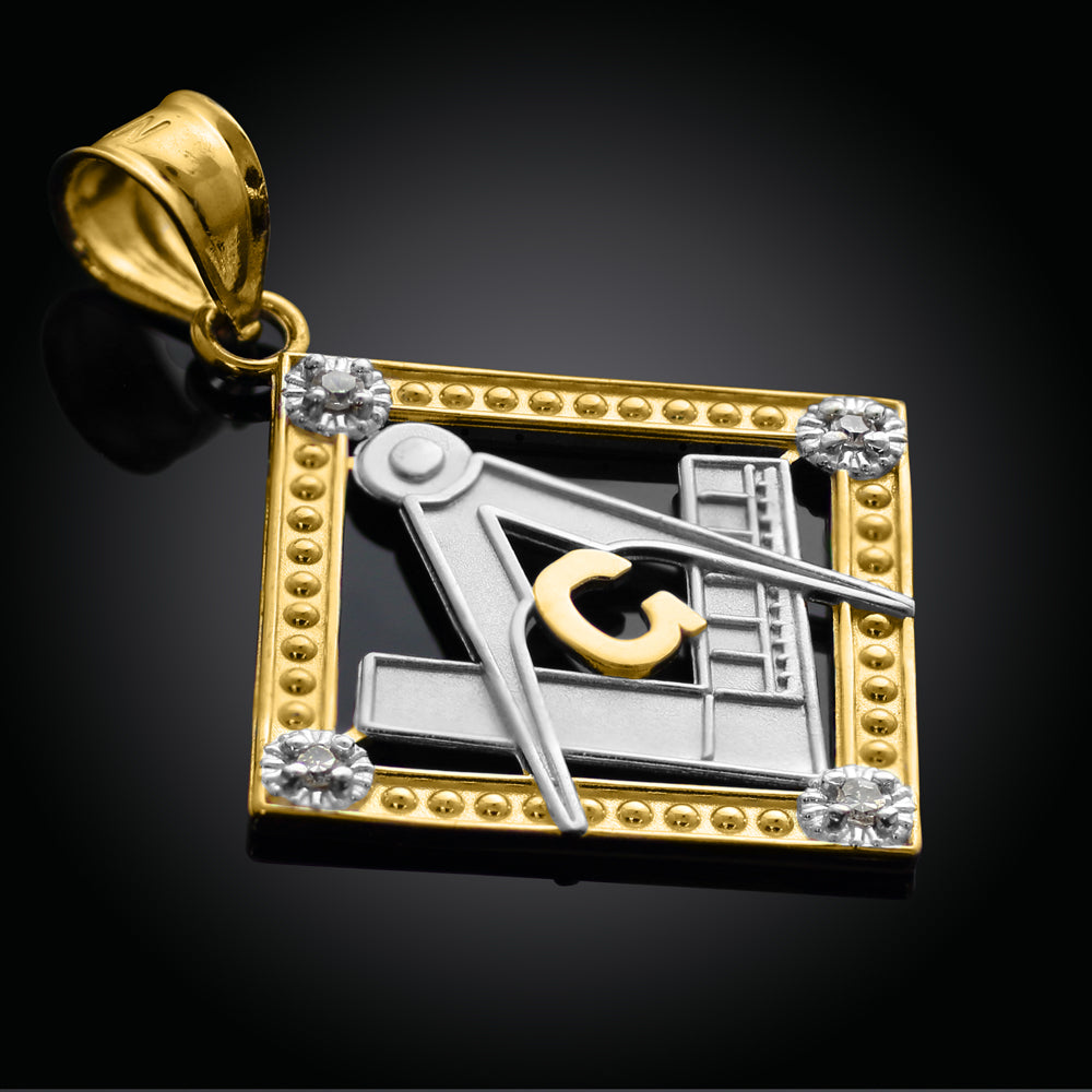 Two-Tone Gold Freemason Square & Compass Diamond Shaped Pendant Necklace, view 3