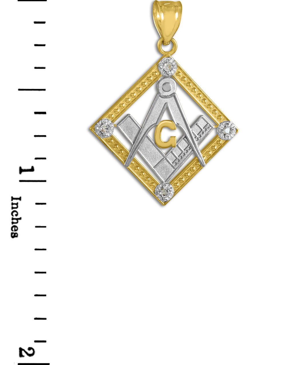 Two-Tone Gold Freemason Square & Compass Diamond Shaped Pendant Necklace, view 4