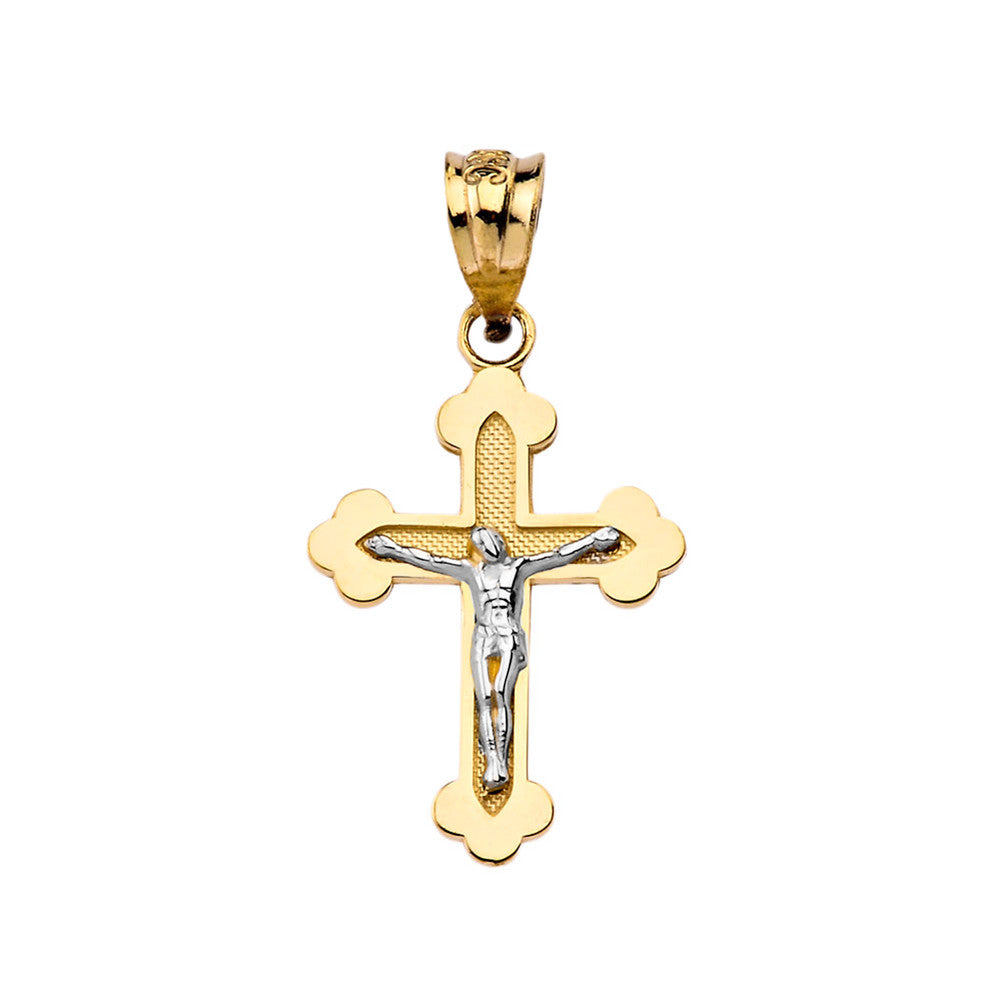 Two-Tone Gold Greek Orthodox Cross Crucifix Pendant Necklace