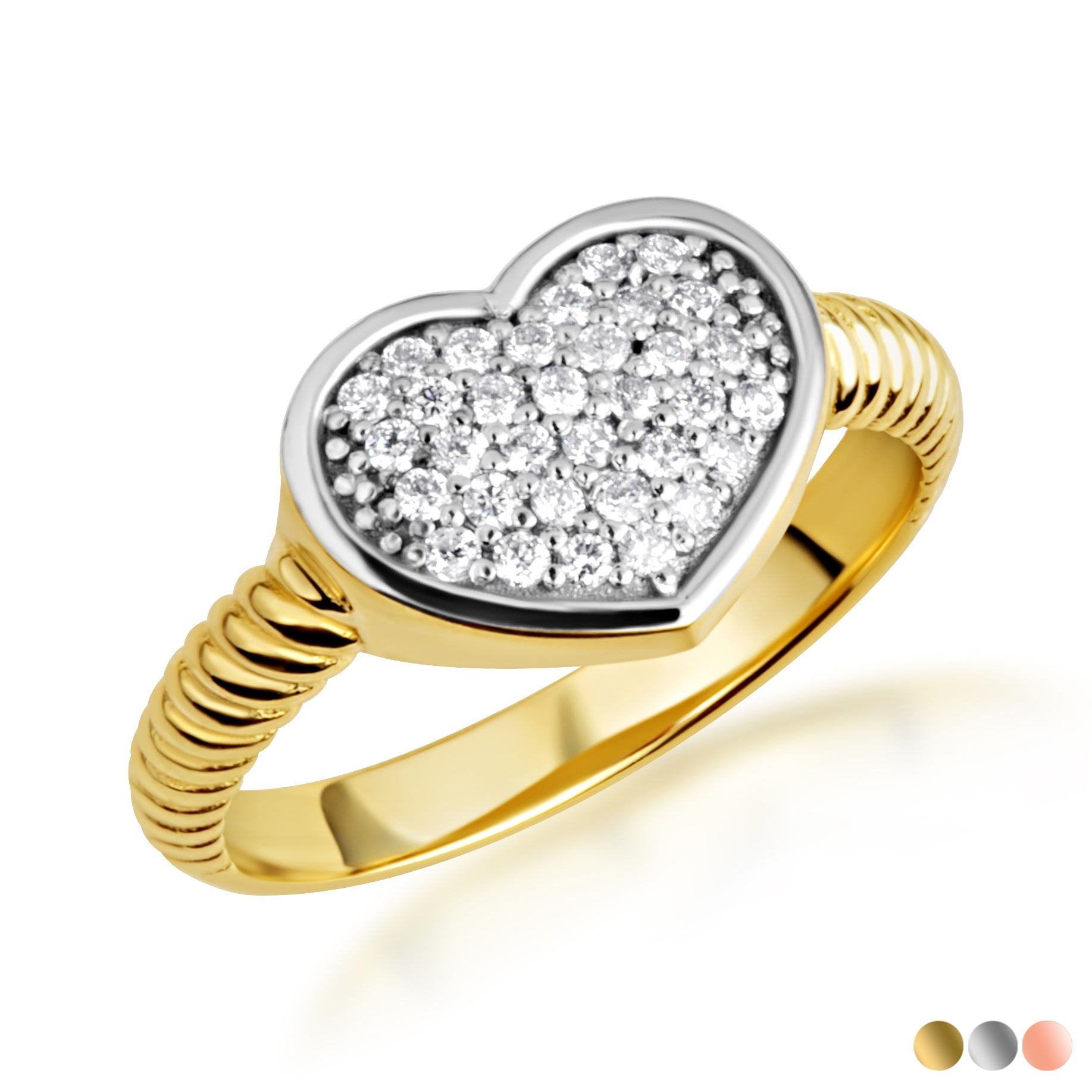 Two-Tone Gold Heart Diamond Cluster Rope Ring