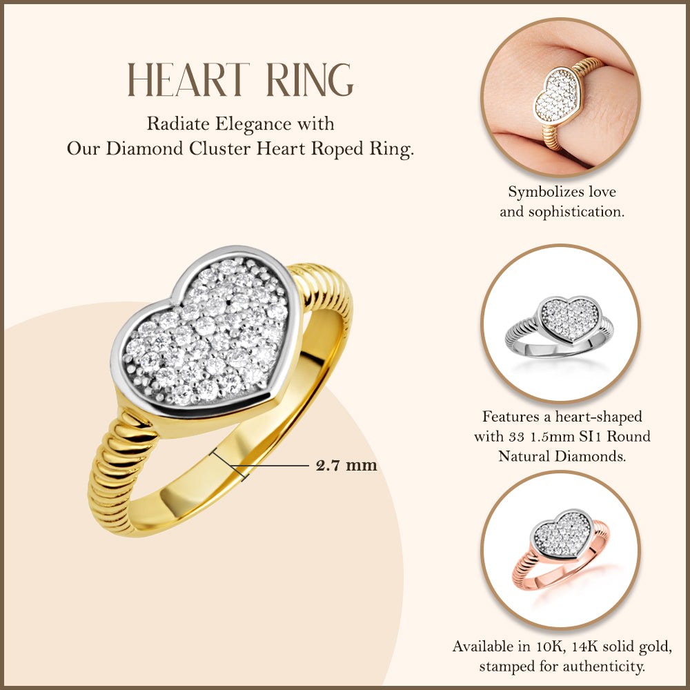 Two-Tone Gold Heart Diamond Cluster Rope Ring, view 3