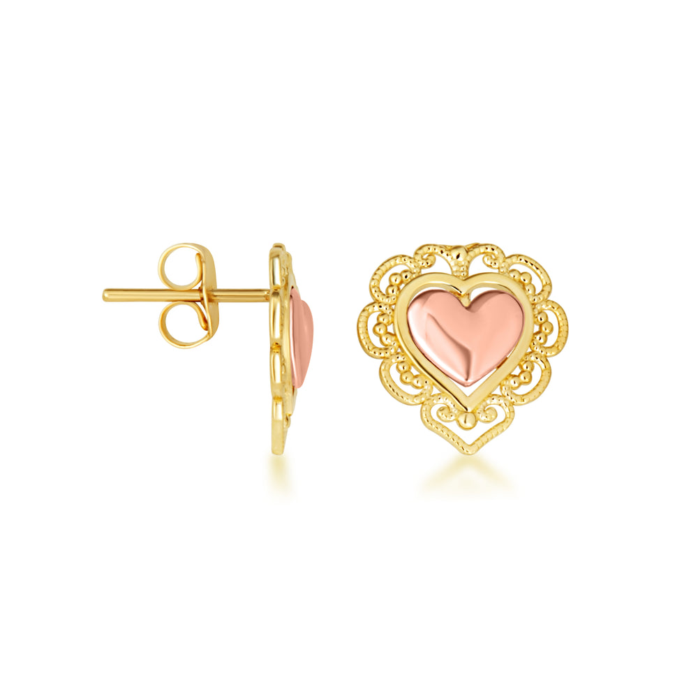 Two-Tone Gold Heart Filigree Stud Earrings