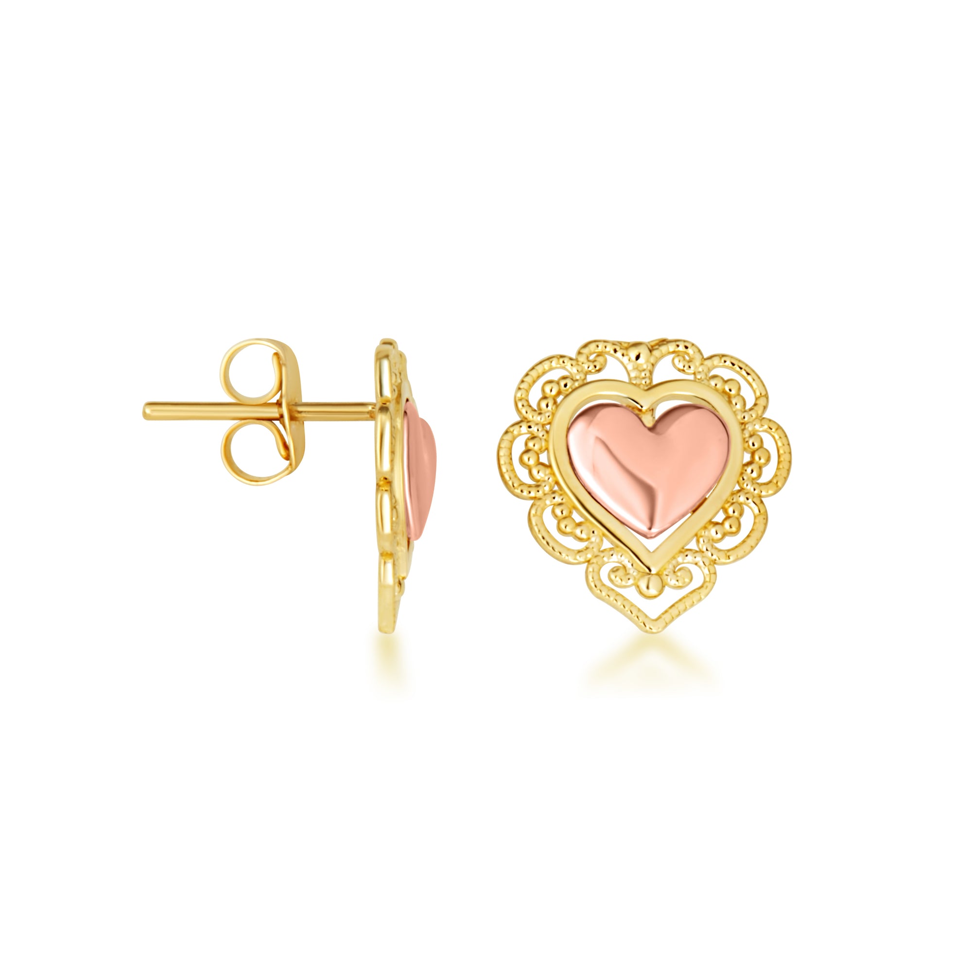 Two-Tone Gold Heart Filigree Stud Earrings