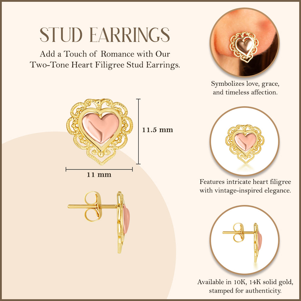 Two-Tone Gold Heart Filigree Stud Earrings, view 3
