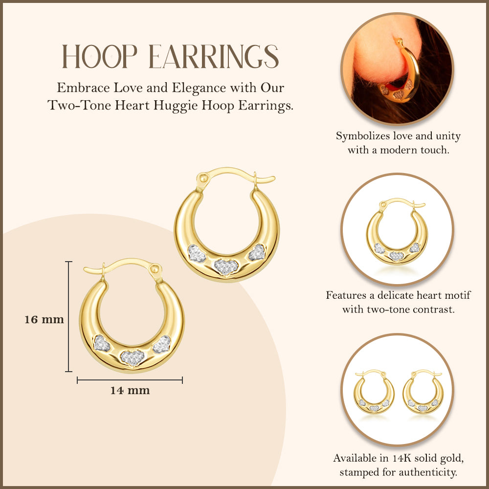 Two-Tone Gold Heart Huggie Hoop Earrings, view 3