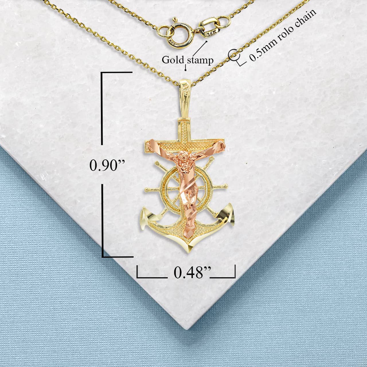 Two-Tone Gold Jesus Anchor Mariner Pendant Necklace, view 4