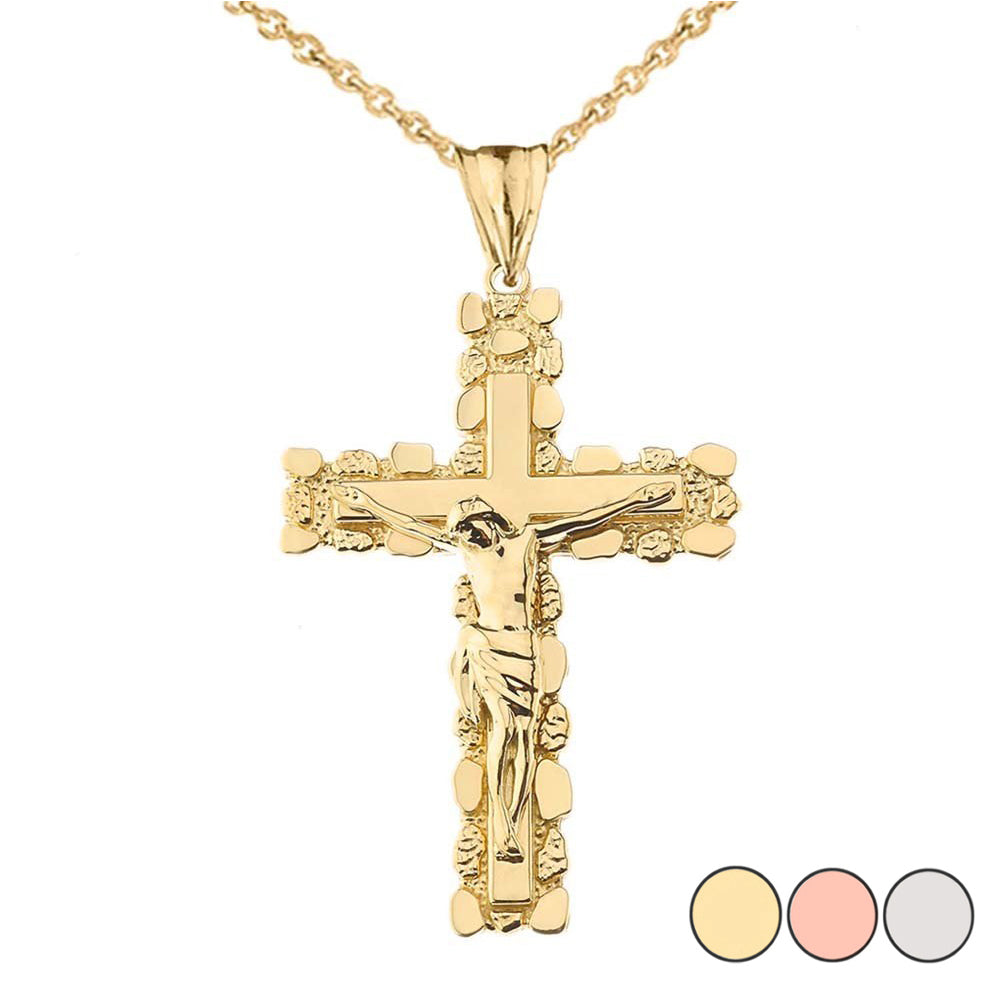 Two-Tone Gold Jesus Christ Crucifix Cross Nugget Pendant Necklace