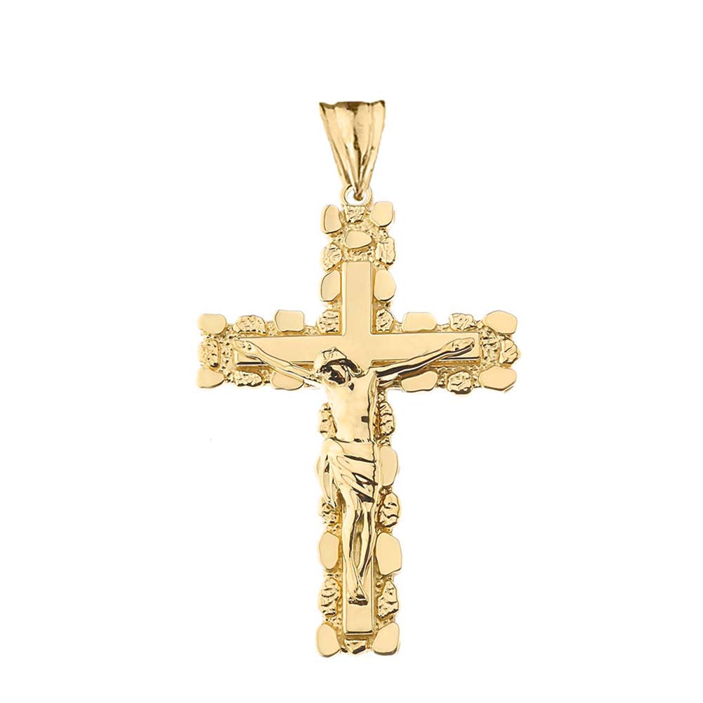 Two-Tone Gold Jesus Christ Crucifix Cross Nugget Pendant Necklace, view 2