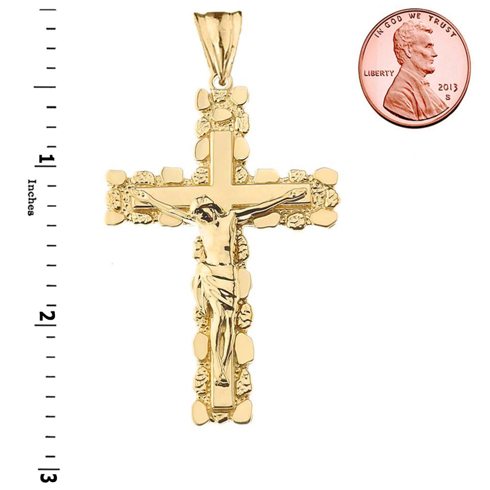 Two-Tone Gold Jesus Christ Crucifix Cross Nugget Pendant Necklace, view 3