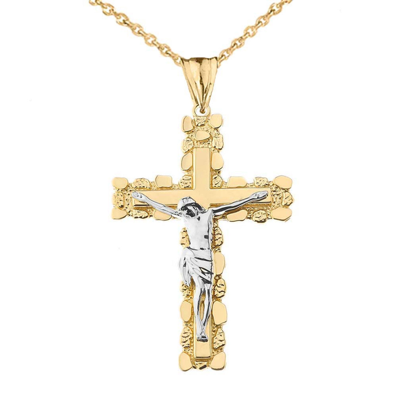 Two-Tone Gold Jesus Christ Crucifix Cross Nugget Pendant Necklace, view 4