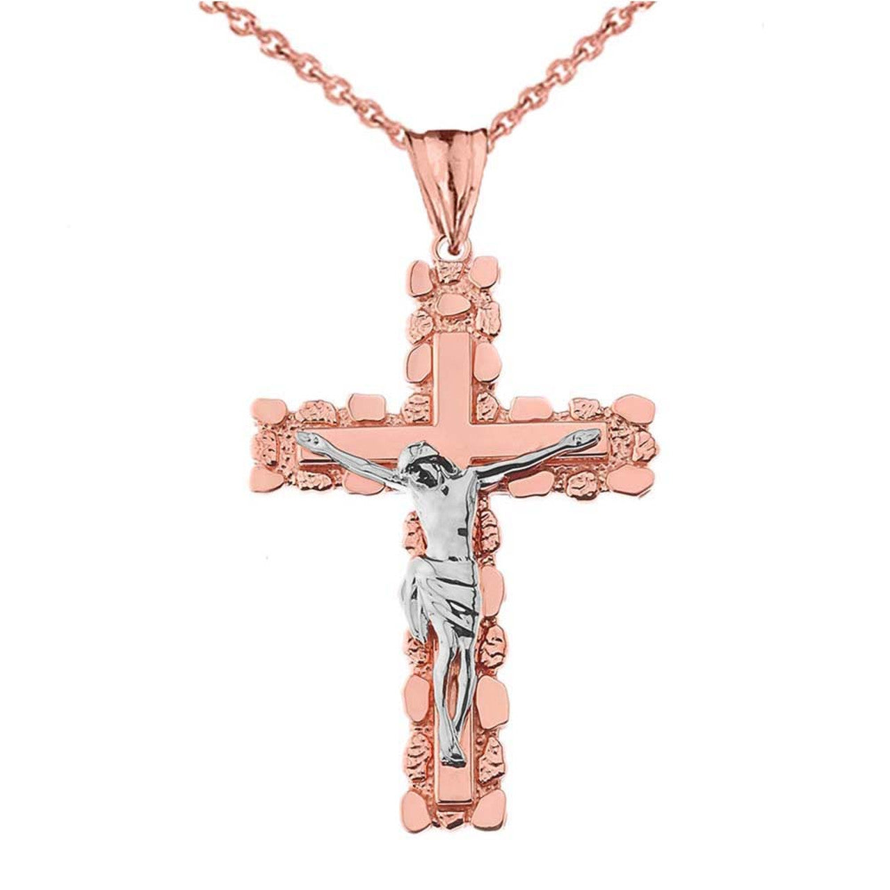 Two-Tone Gold Jesus Christ Crucifix Cross Nugget Pendant Necklace, view 6