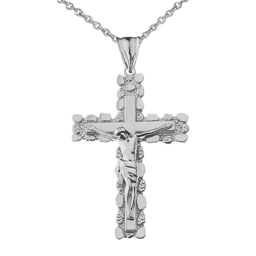 Two-Tone Gold Jesus Christ Crucifix Cross Nugget Pendant Necklace, view 10