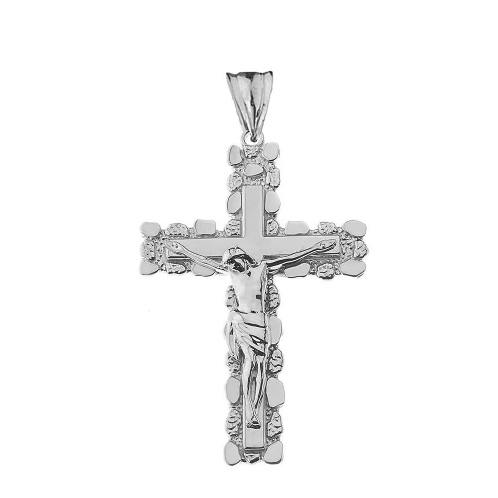 Two-Tone Gold Jesus Christ Crucifix Cross Nugget Pendant Necklace, view 11