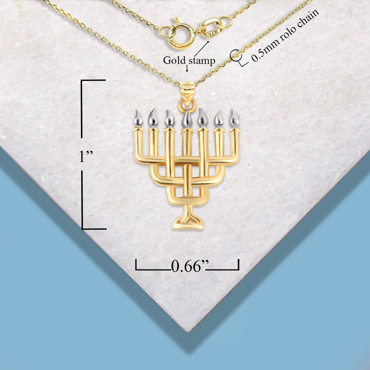 Two-Tone Gold Jewish Menorah Candle Hanukkah Pendant Necklace, view 3