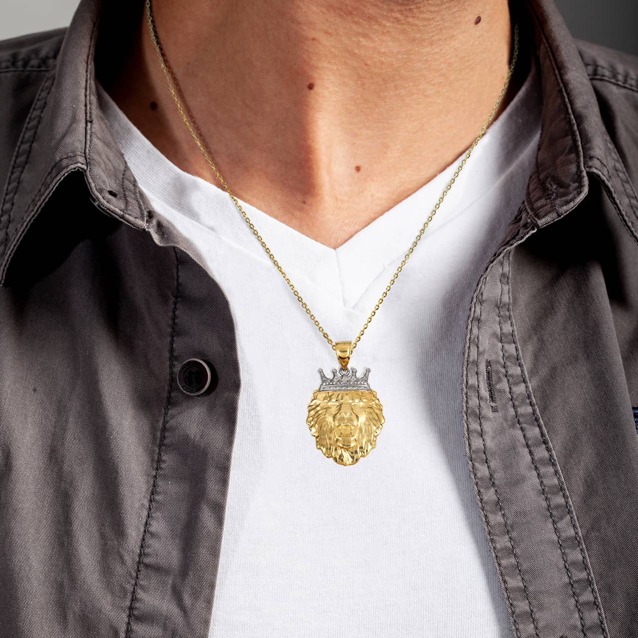 Two-Tone Gold Lion Crown King of the Jungle Pendant Necklace, view 2