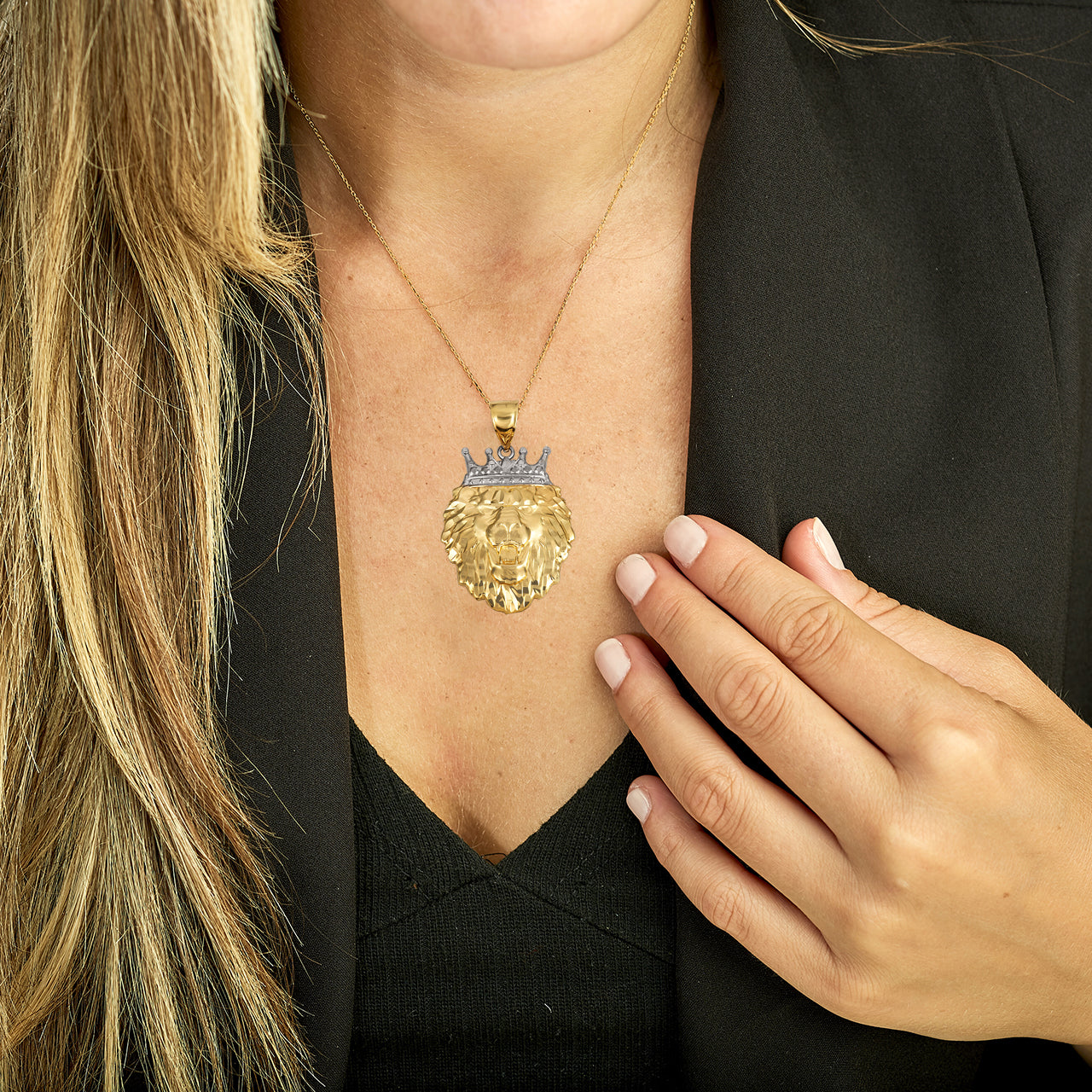 Two-Tone Gold Lion Crown King of the Jungle Pendant Necklace, view 3
