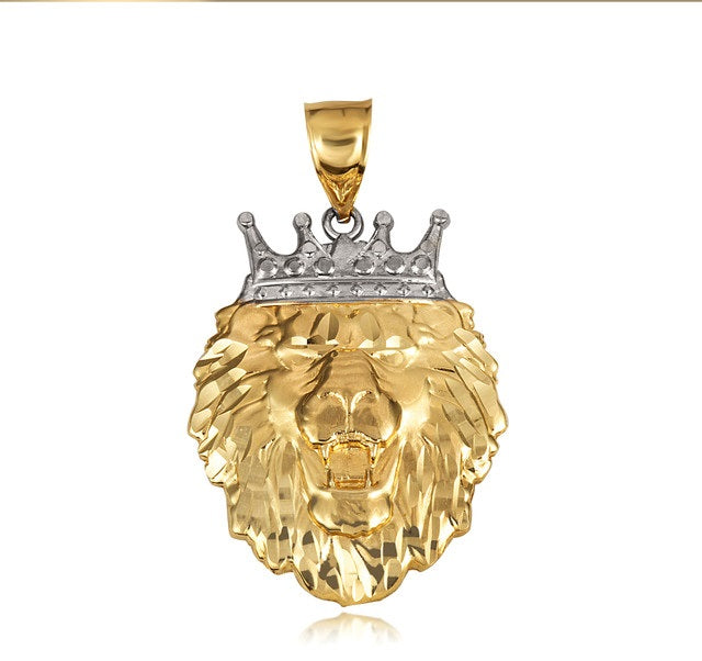 Two-Tone Gold Lion Crown King of the Jungle Pendant Necklace, view 10
