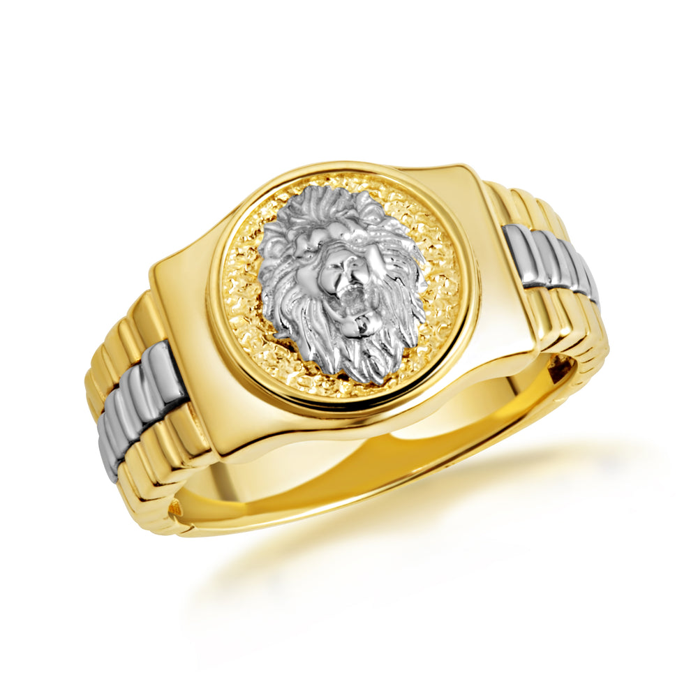 Two-Tone Gold Lion Head Watchband Signet Ring