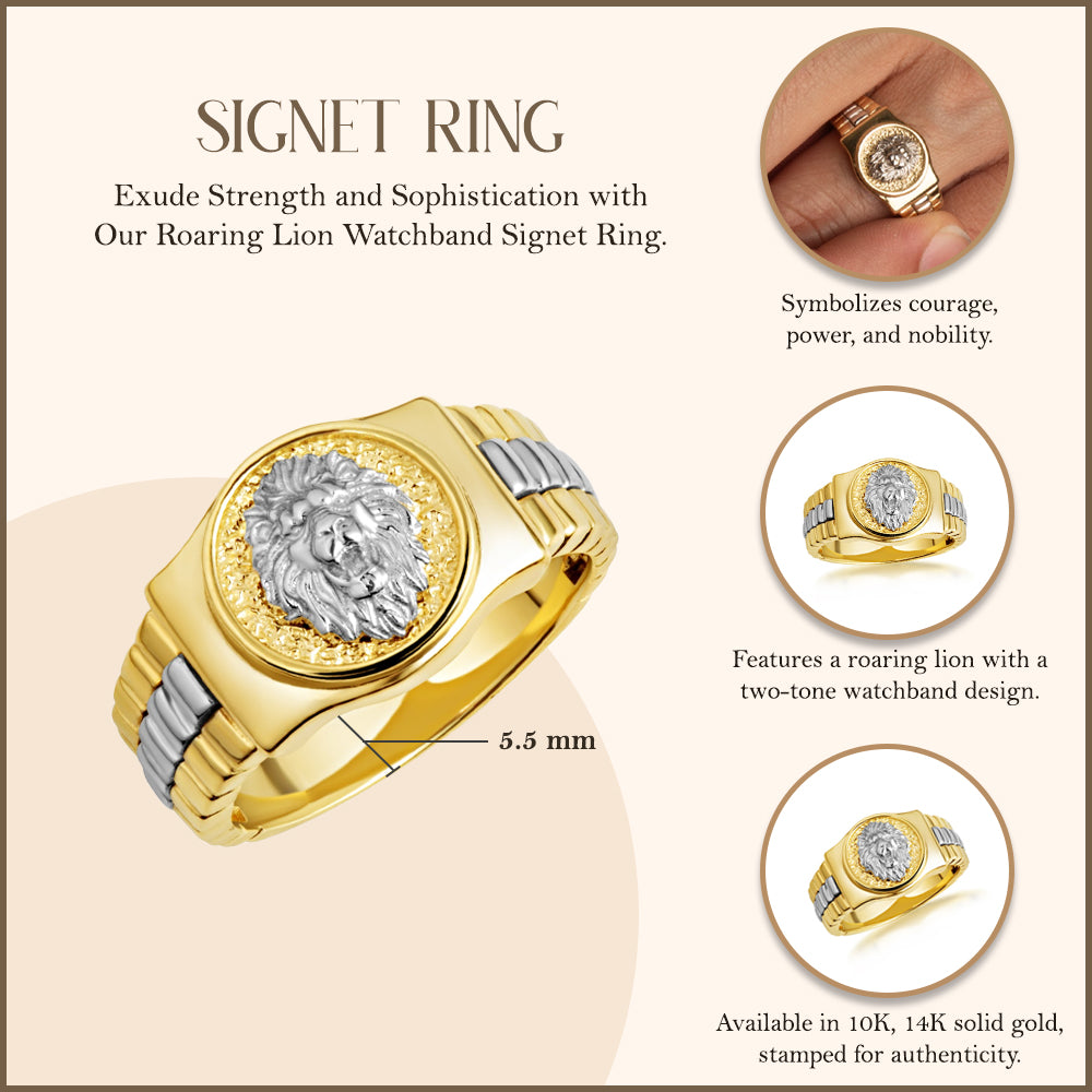 Two-Tone Gold Lion Head Watchband Signet Ring, view 3