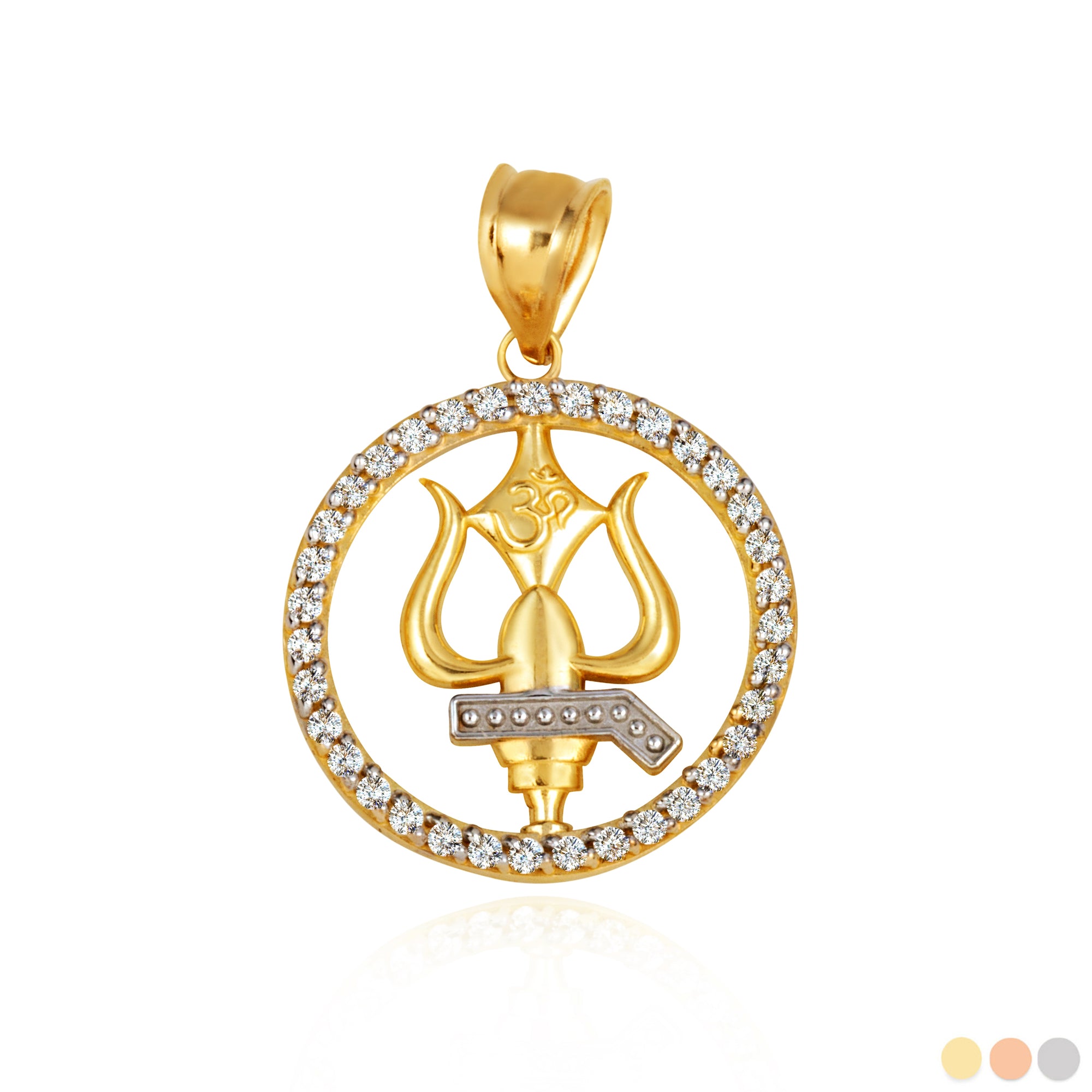 Two-Tone Gold Lord Shiva Trishul Trident Hindu Om Diamond Halo Pendant Necklace