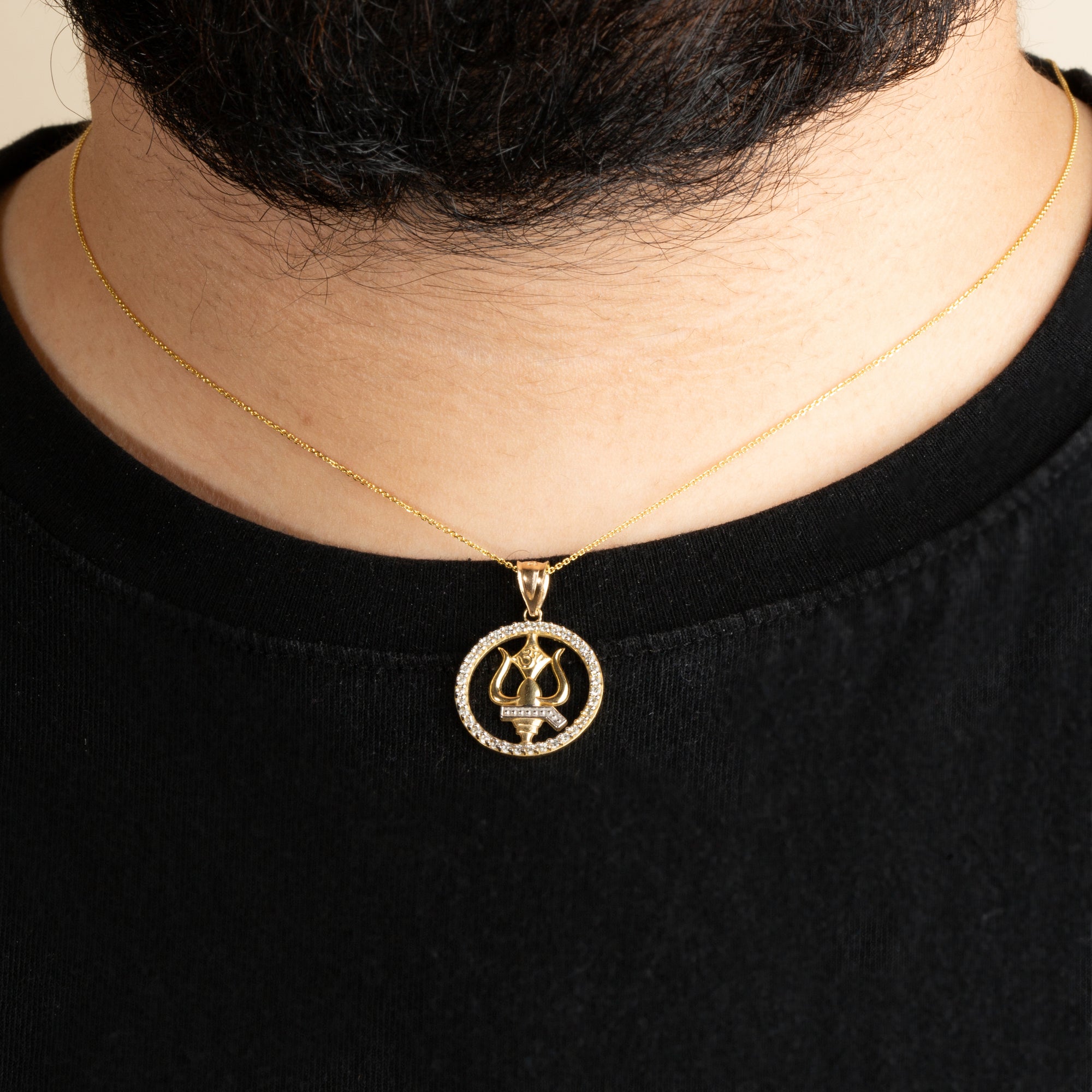 Two-Tone Gold Lord Shiva Trishul Trident Hindu Om Diamond Halo Pendant Necklace, view 2