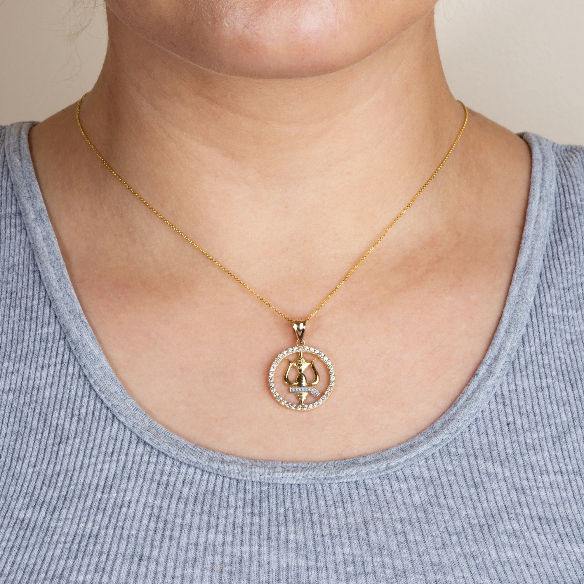 Two-Tone Gold Lord Shiva Trishul Trident Hindu Om Diamond Halo Pendant Necklace, view 3