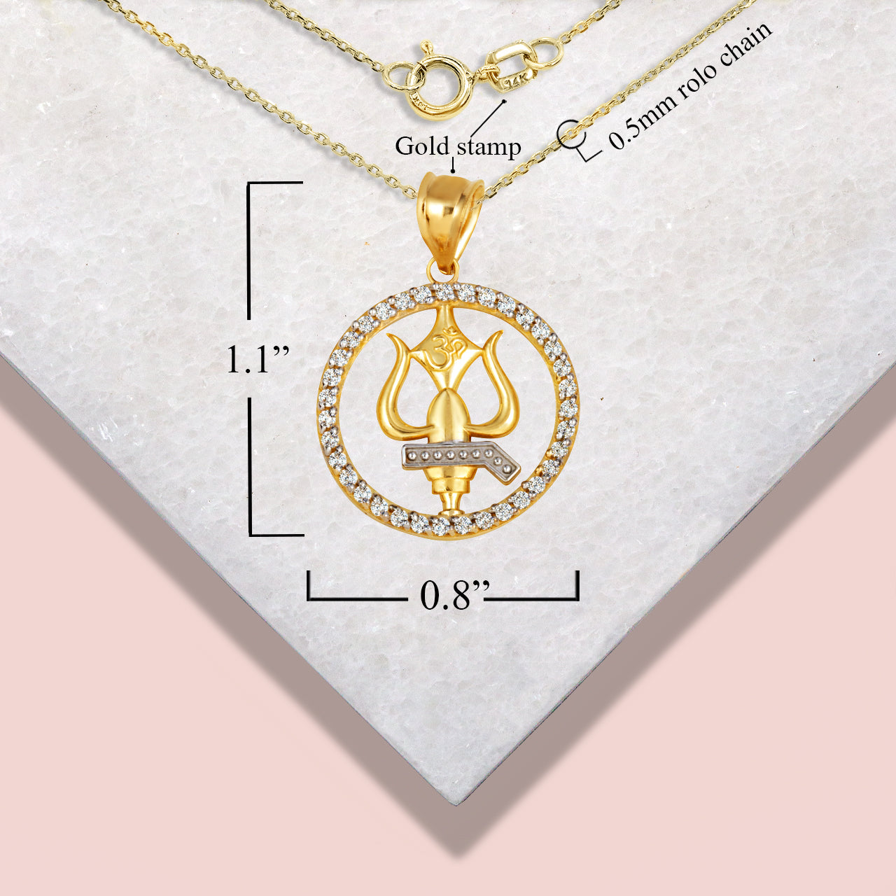 Two-Tone Gold Lord Shiva Trishul Trident Hindu Om Diamond Halo Pendant Necklace, view 4