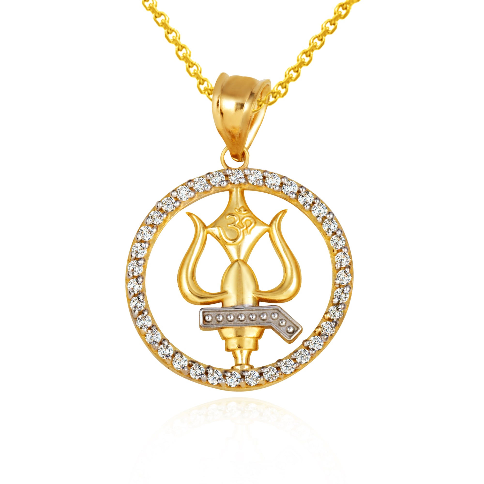 Two-Tone Gold Lord Shiva Trishul Trident Hindu Om Diamond Halo Pendant Necklace, view 5