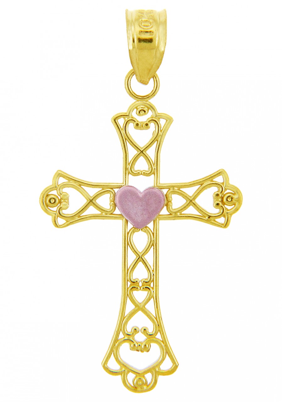 Two-Tone Gold Mighty Heart Cross Pendant