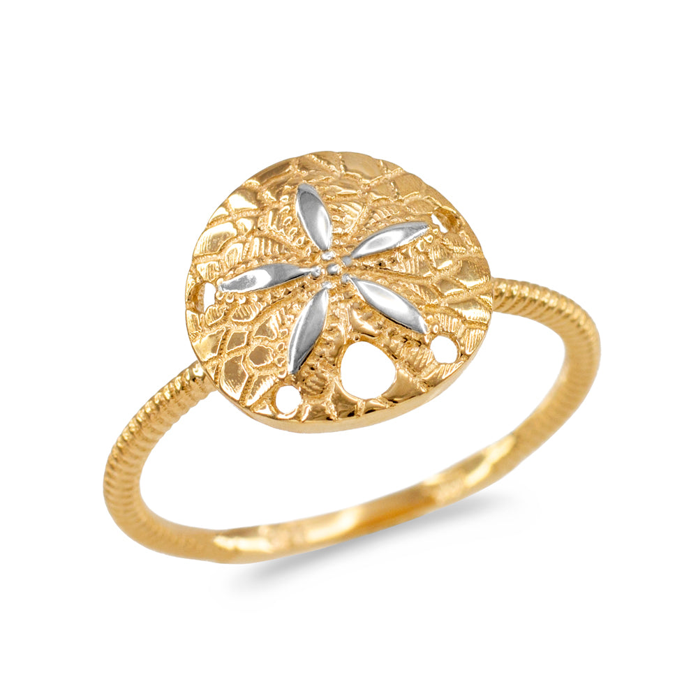 Two-Tone Gold Ocean Sand Dollar Beach Rope Band Ring